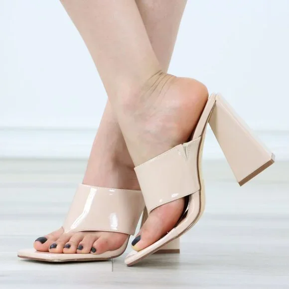 Nude Block Heel Mules Open Toe Slip On Glossy Strap High Heel Sandals - Picture 2 of 11